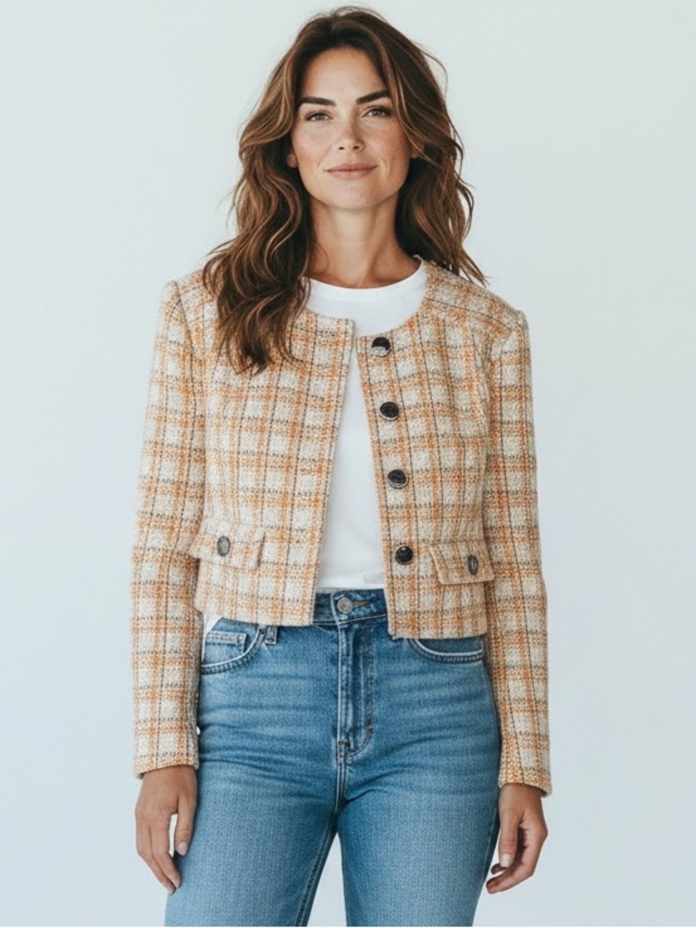 NWOT Toccin Lainey Tweed Cropped Blazer Jacket Metallic Orange Size 4